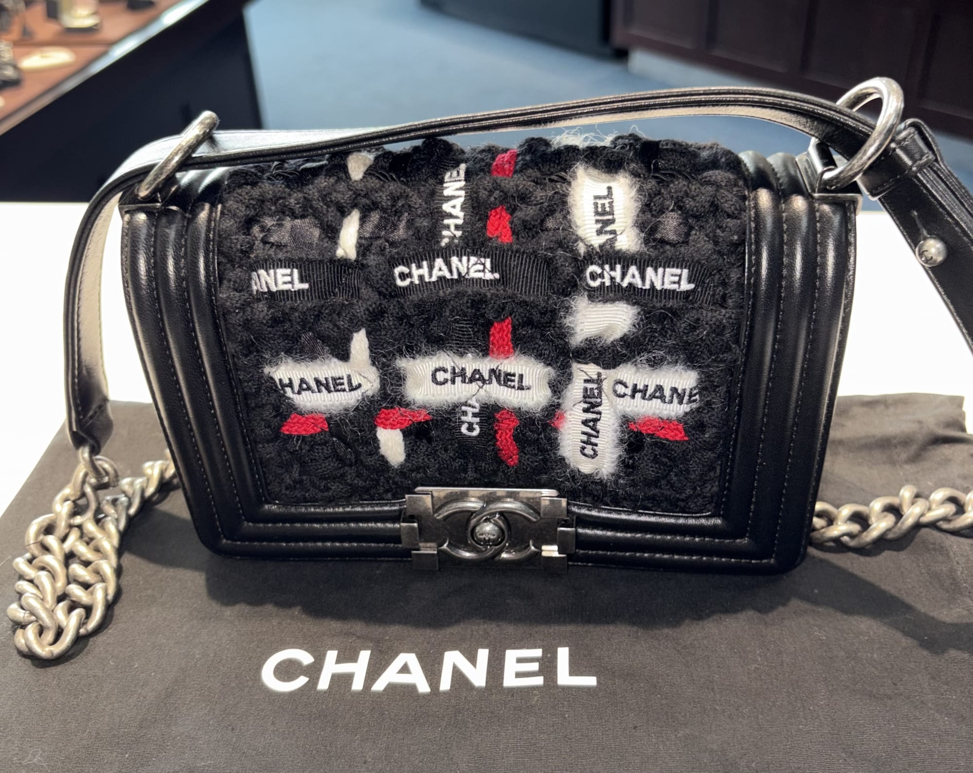CHANEL Tweed X Logo Embossed Boy Bag Black 2016 Ltd Edition