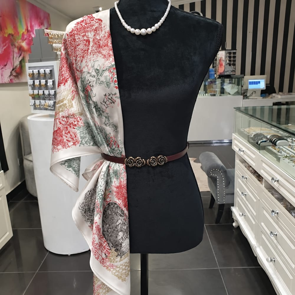 100% SILK Ivory Botanical Floral Print Scarf