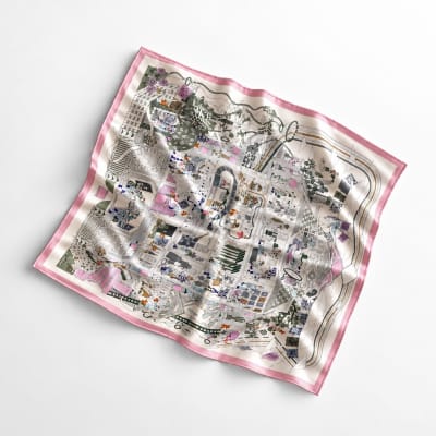 100% SILK Pink and ivory Artistic Cityscape Scarf