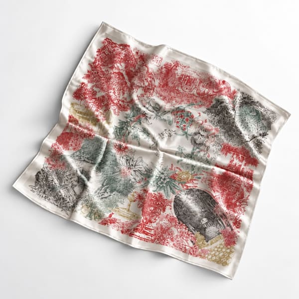 100% SILK Ivory Botanical Floral Print Scarf
