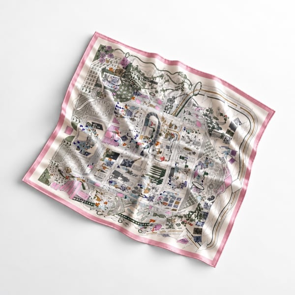 100% SILK Pink and ivory Artistic Cityscape Scarf