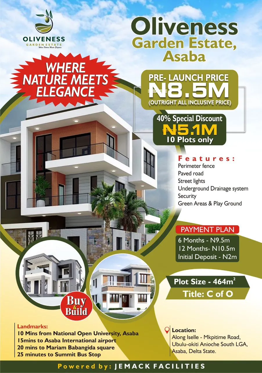 Oliveness Garden Estate, Asaba – Premium Residential Plots for Sale | C of O Title
