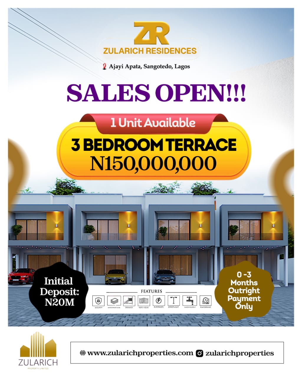 3 Bedroom Terrace (1 Unit) For Sale In Zularich Residence 1, Ajayi Apata, Sangotedo, Lagos