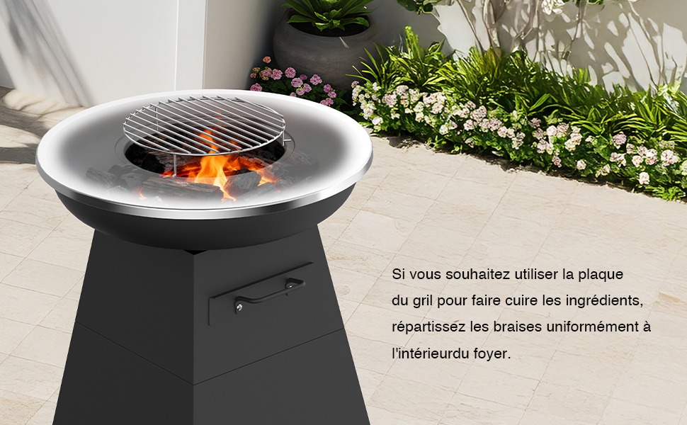 Braséro plancha noir avec plaque inox et grille barbecue