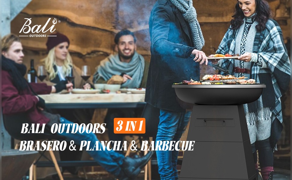 BALI OUTDOORS braséro plancha noir 3 en 1 pour repas en extérieur