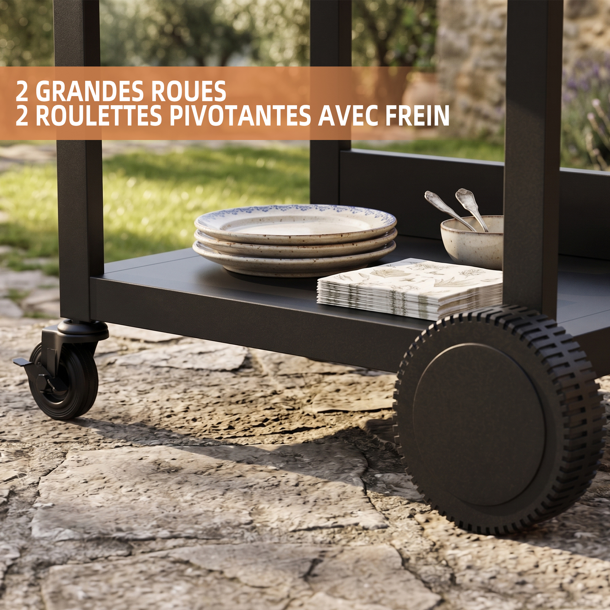 Deux grandes roues et deux roulettes pivotantes avec frein