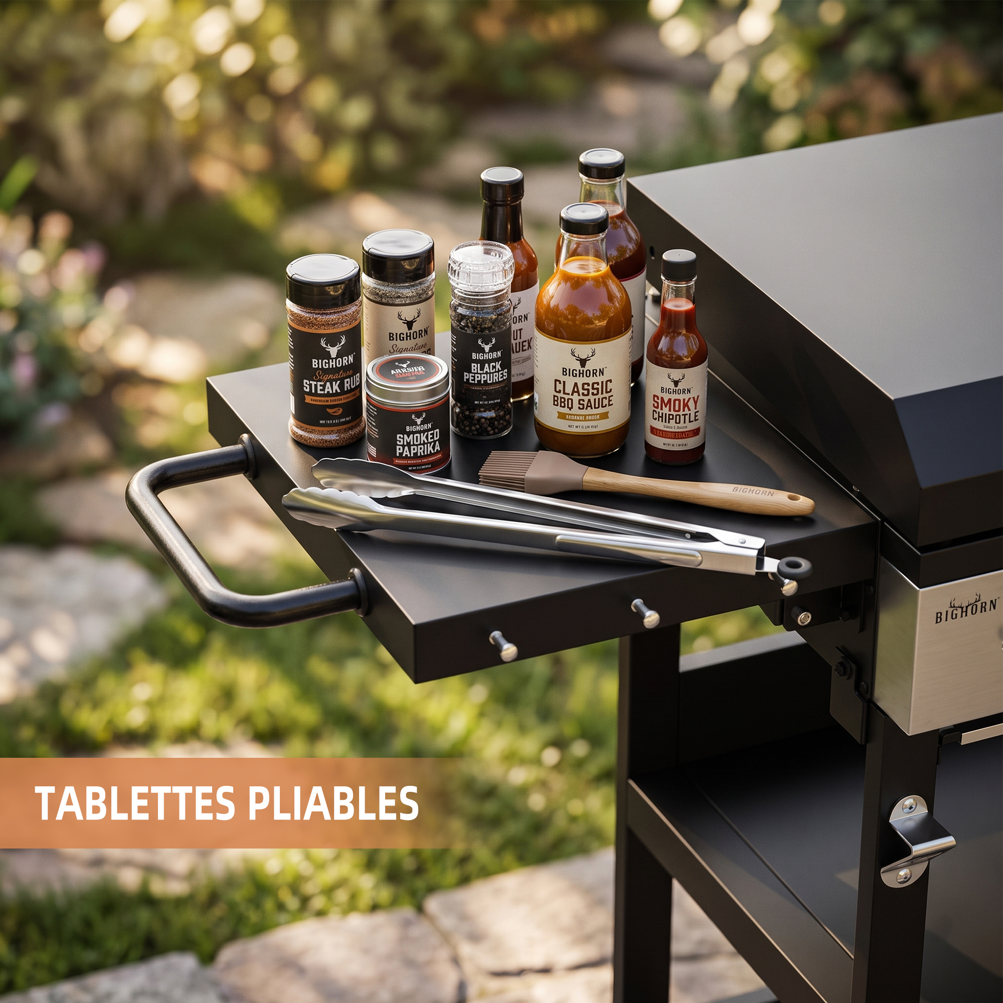 Tablettes latérales rabattables pour poser les plats et les assaisonnements