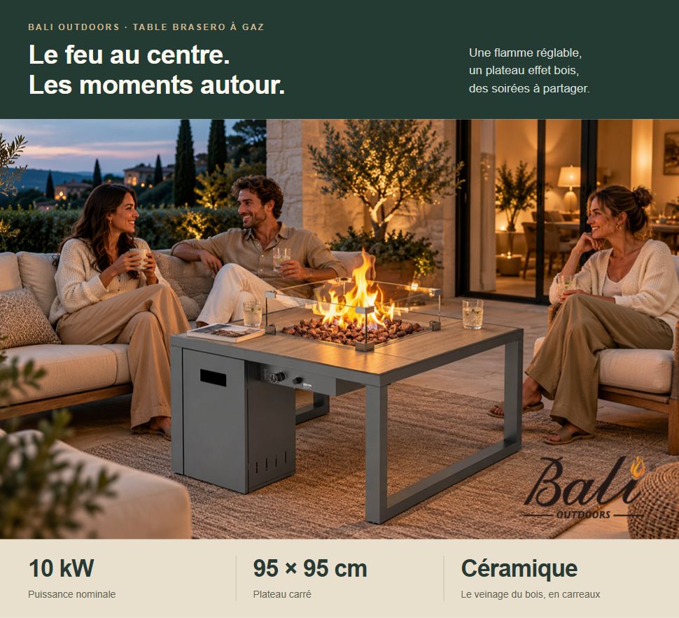BALI OUTDOORS : table brasero à gaz 10 kW, plateau 95 × 95 cm en céramique effet bois, moments partagés sur la terrasse