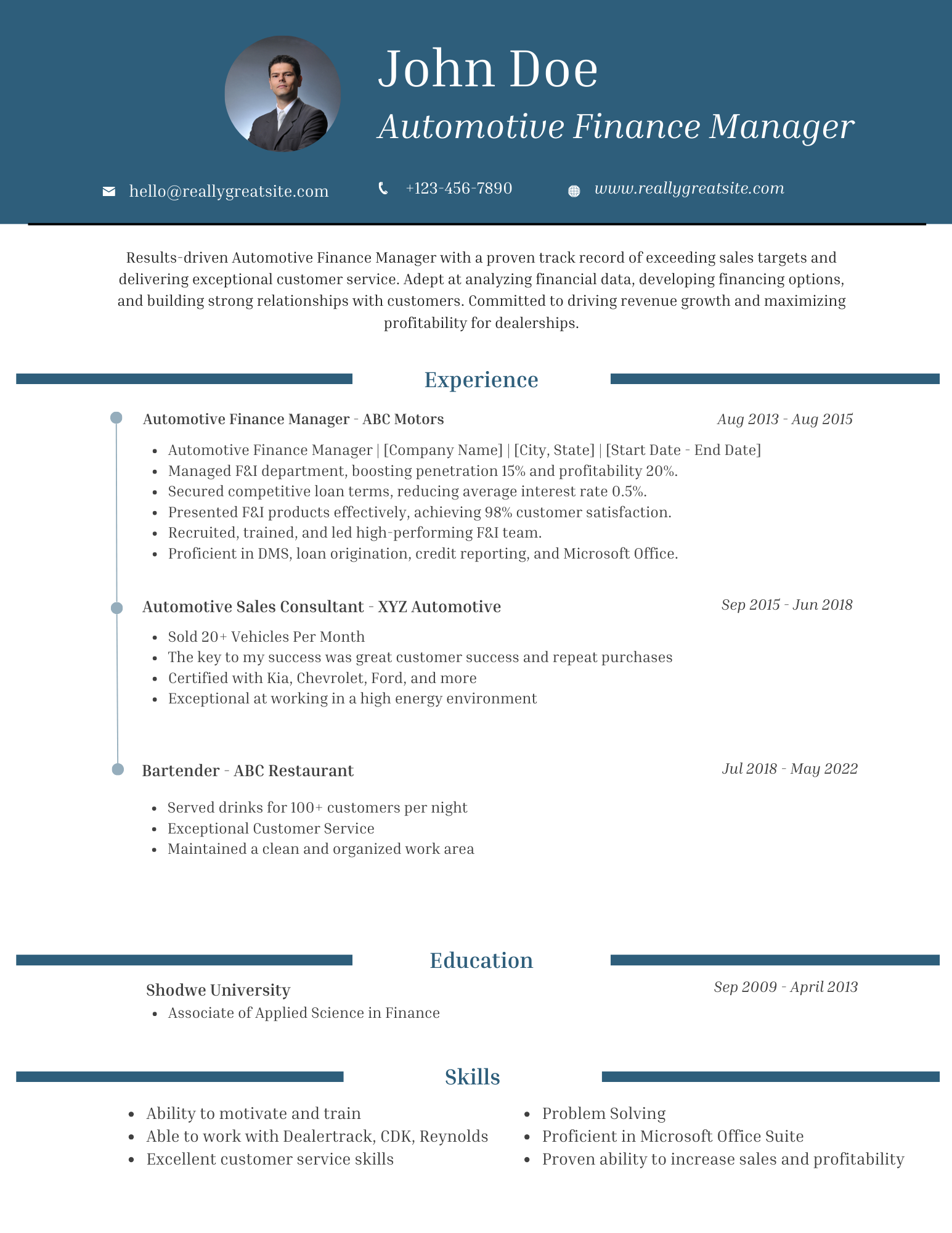 Automotive Finance Manager Resume Example