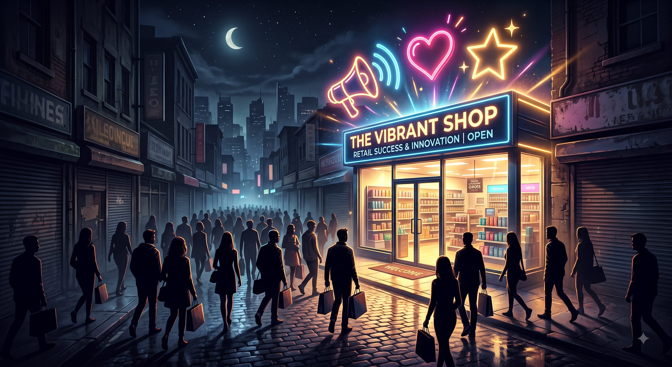Retail shop owner arranging promotional displays with colorful signs and marketing materials in a busy marketplace