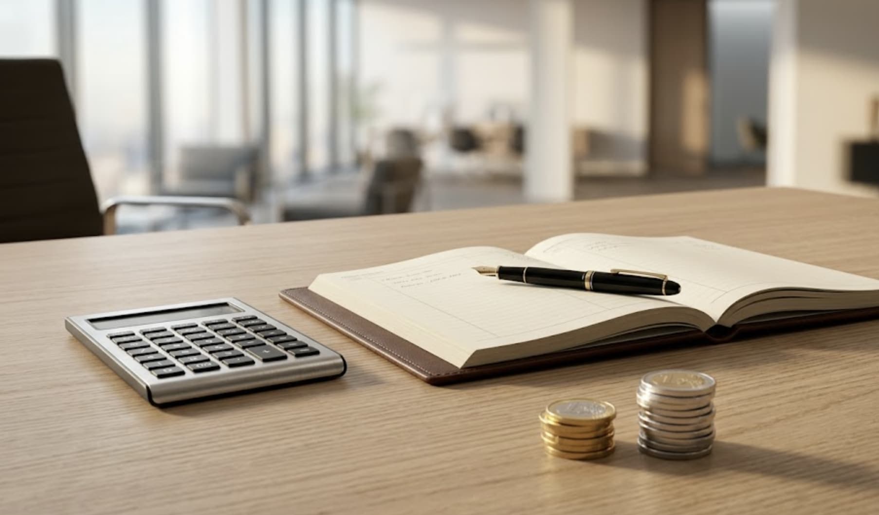 Business owner reviewing financial statements and accounting records at a desk