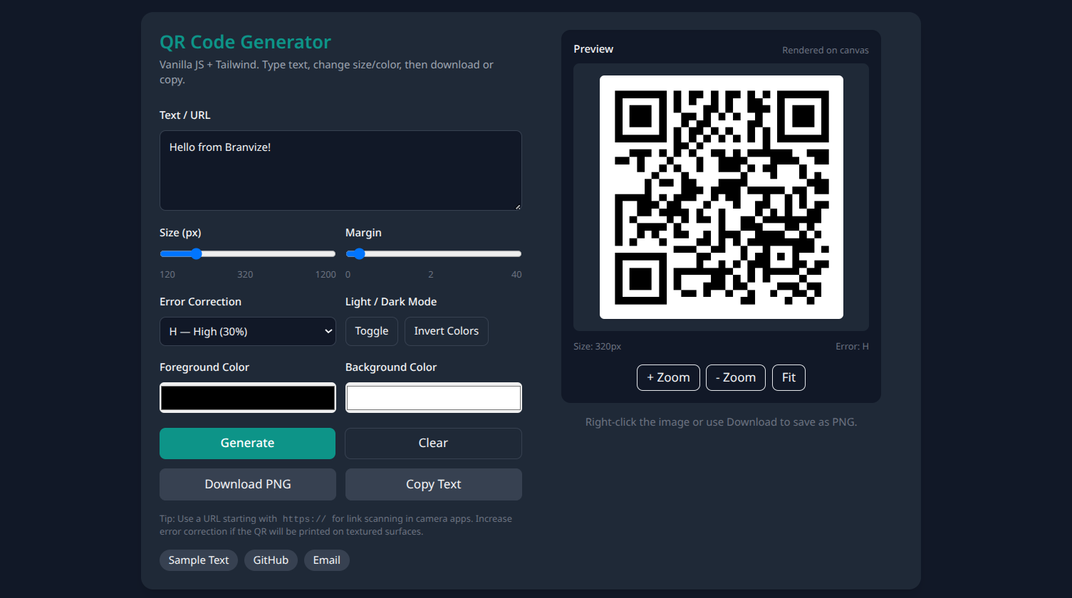 QR Code Generator Vanilla JS and Tailwind
