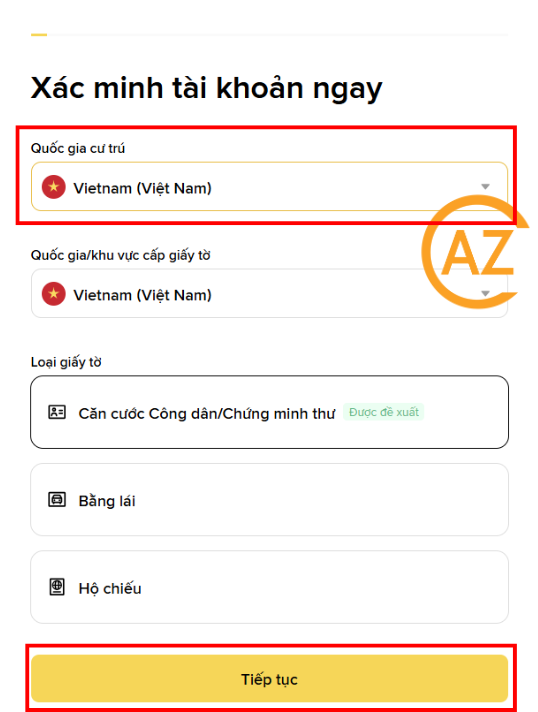 Chọn quốc tịch và chọn loại giấy tờ