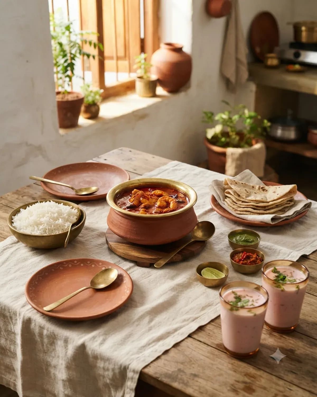 A table set with a prawn curry in a clay pot, steamed rice, bhakri and glasses of pink sol kadhi