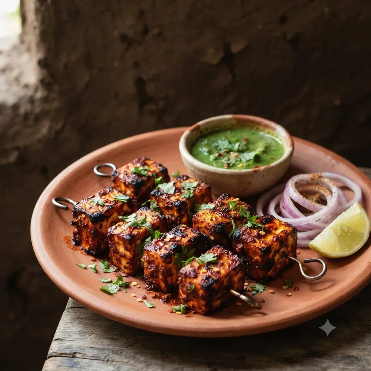 Kokum-glazed paneer tikka with mint chutney and a wedge of lemon