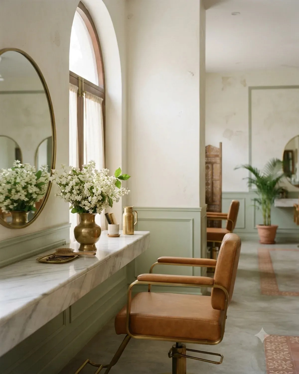A calm salon with a styling chair facing a round mirror and jasmine flowers on a marble counter