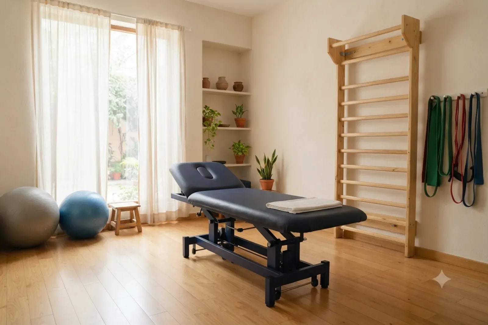 A physiotherapy room with a treatment table, exercise balls and resistance bands