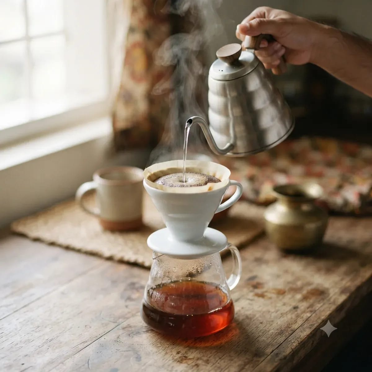 A hand pouring hot water from a gooseneck kettle over a pour-over coffee dripper