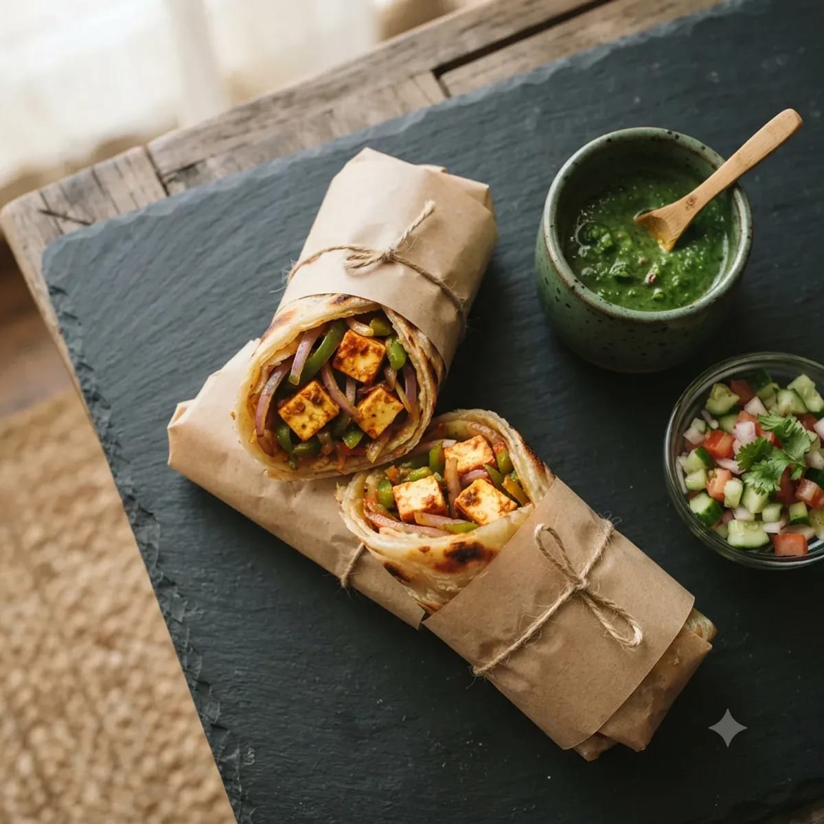 Two paneer kathi rolls in paper wraps with mint chutney and a salad cup