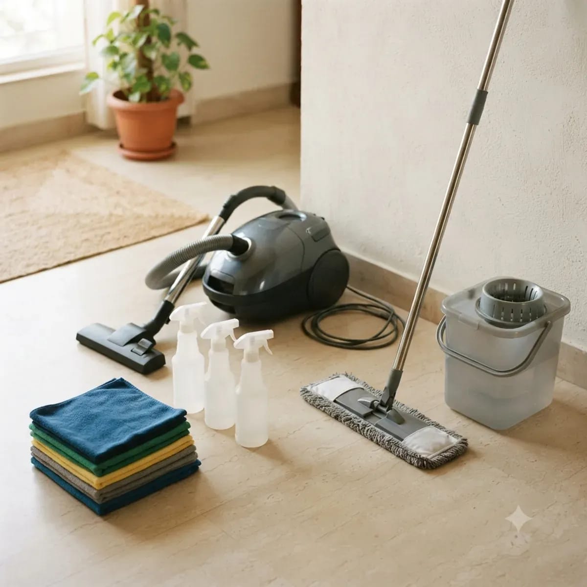 Cleaning equipment laid out: microfibre cloths, plain spray bottles, a vacuum cleaner and a mop