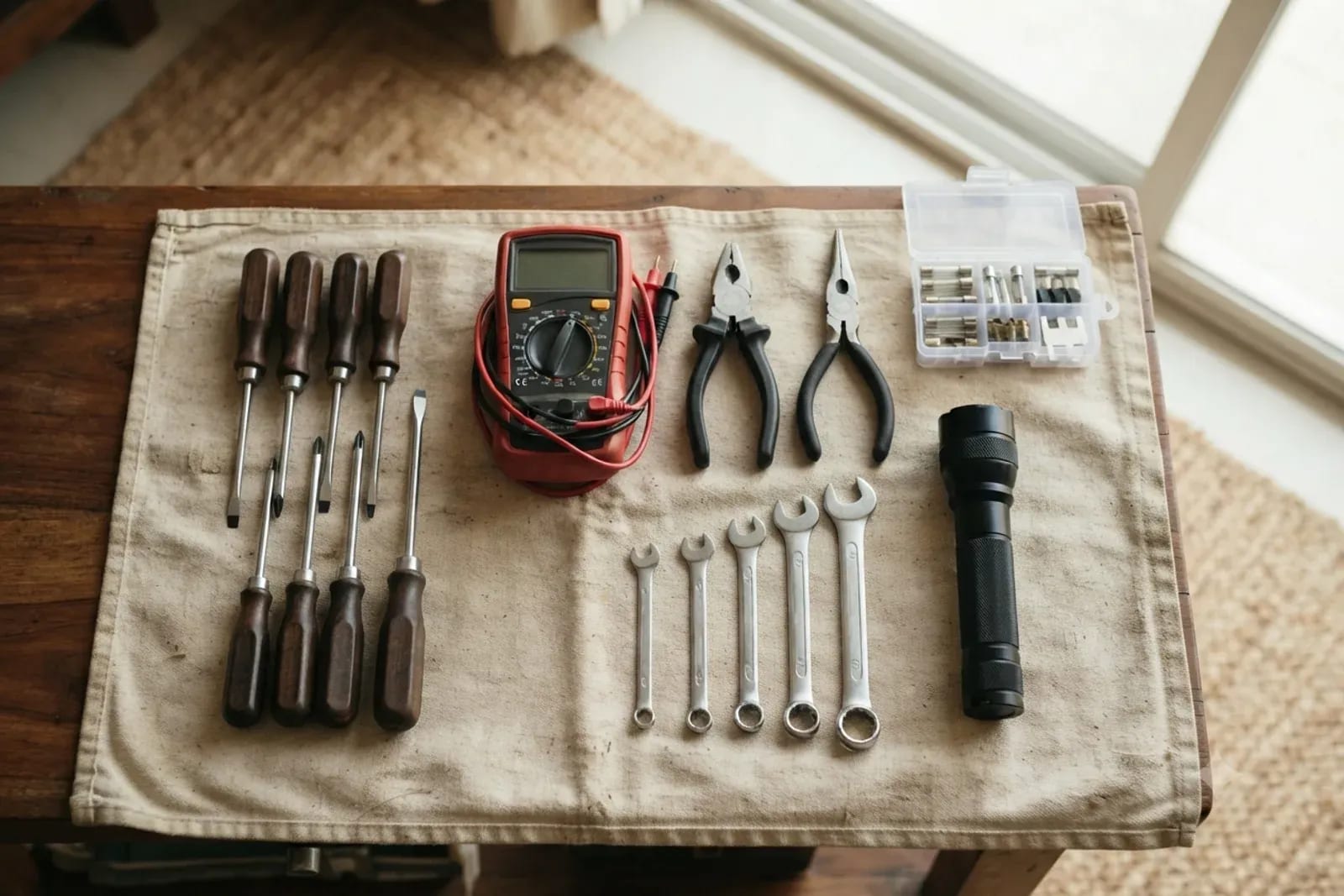 A neatly arranged toolkit with screwdrivers, a multimeter, pliers and spanners on a canvas cloth