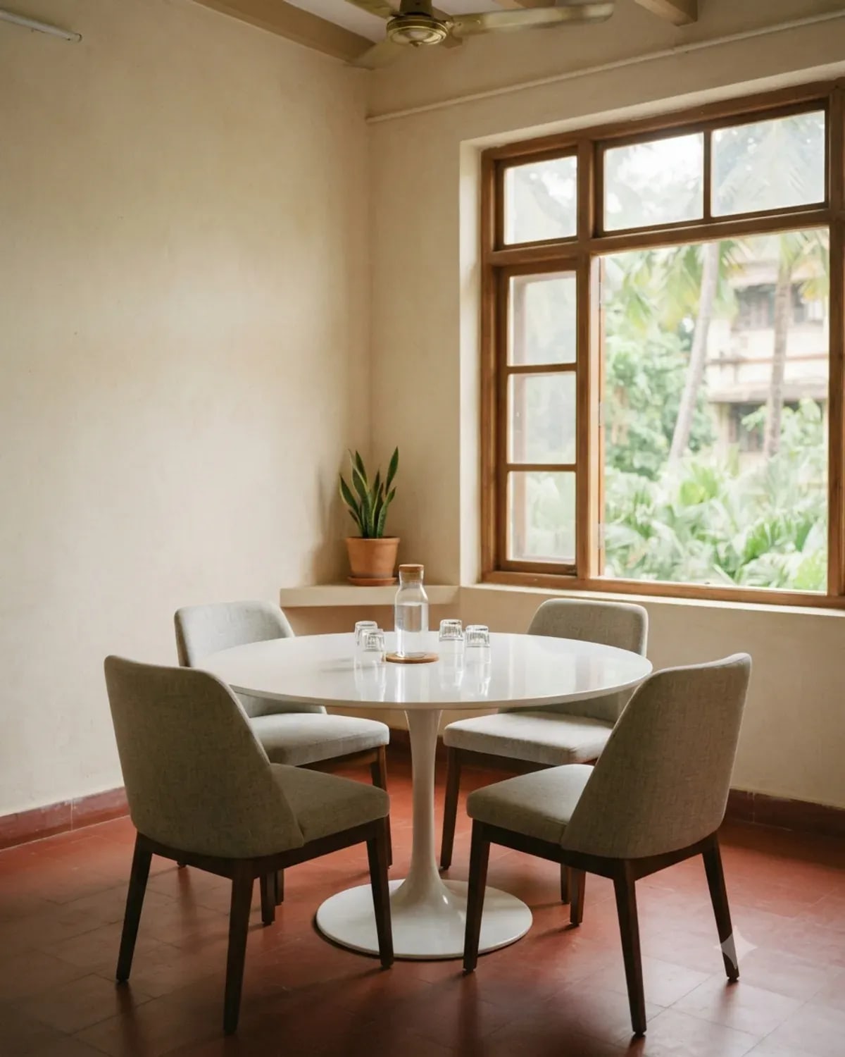 A small meeting room with four chairs around a round table and a view of trees