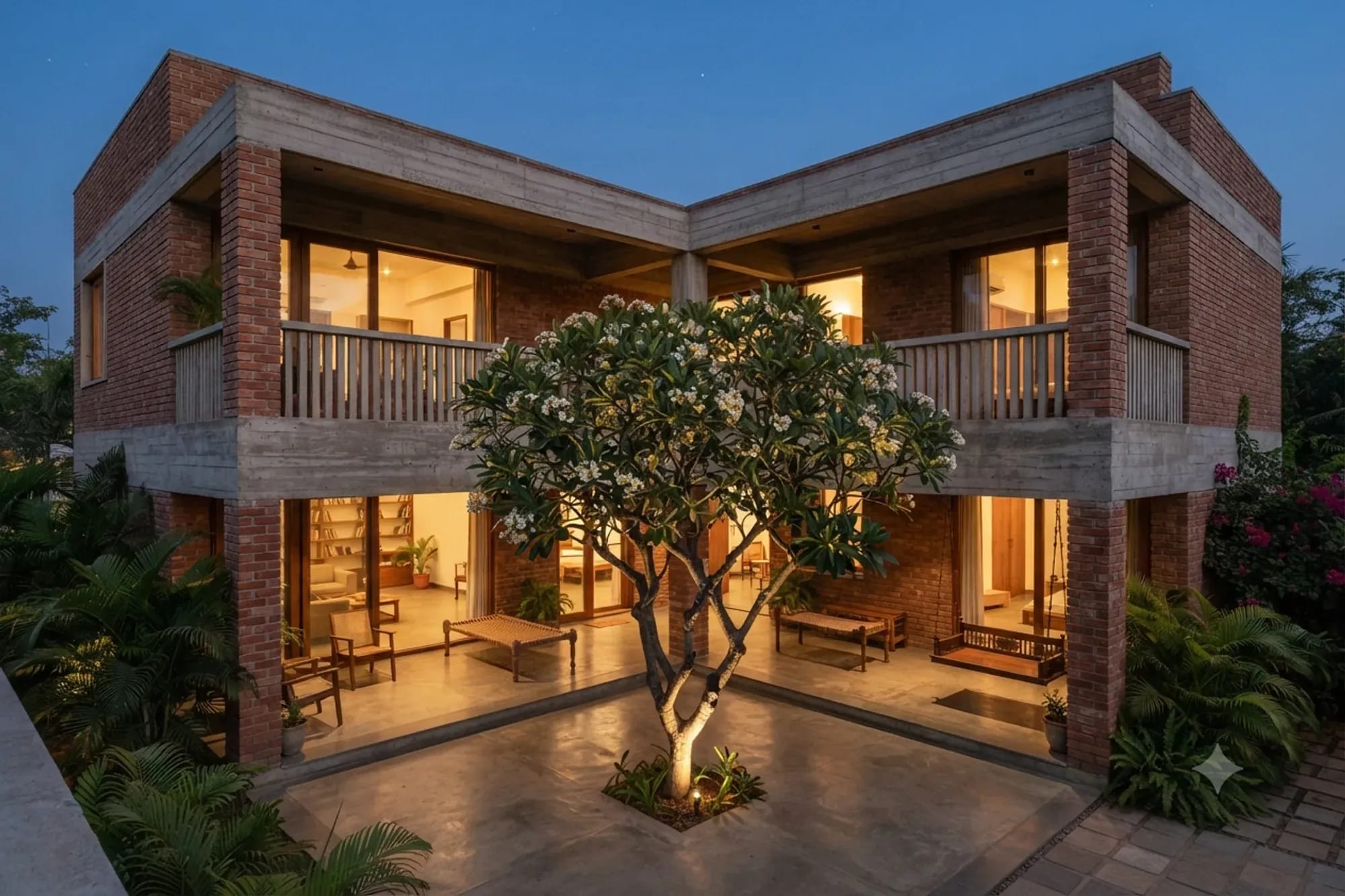 A contemporary house of brick and exposed concrete around a courtyard with trees, in evening light