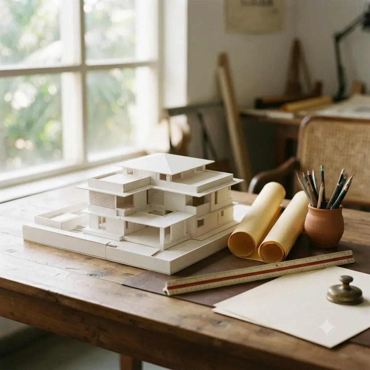A white architectural model on a desk beside rolls of tracing paper and pencils