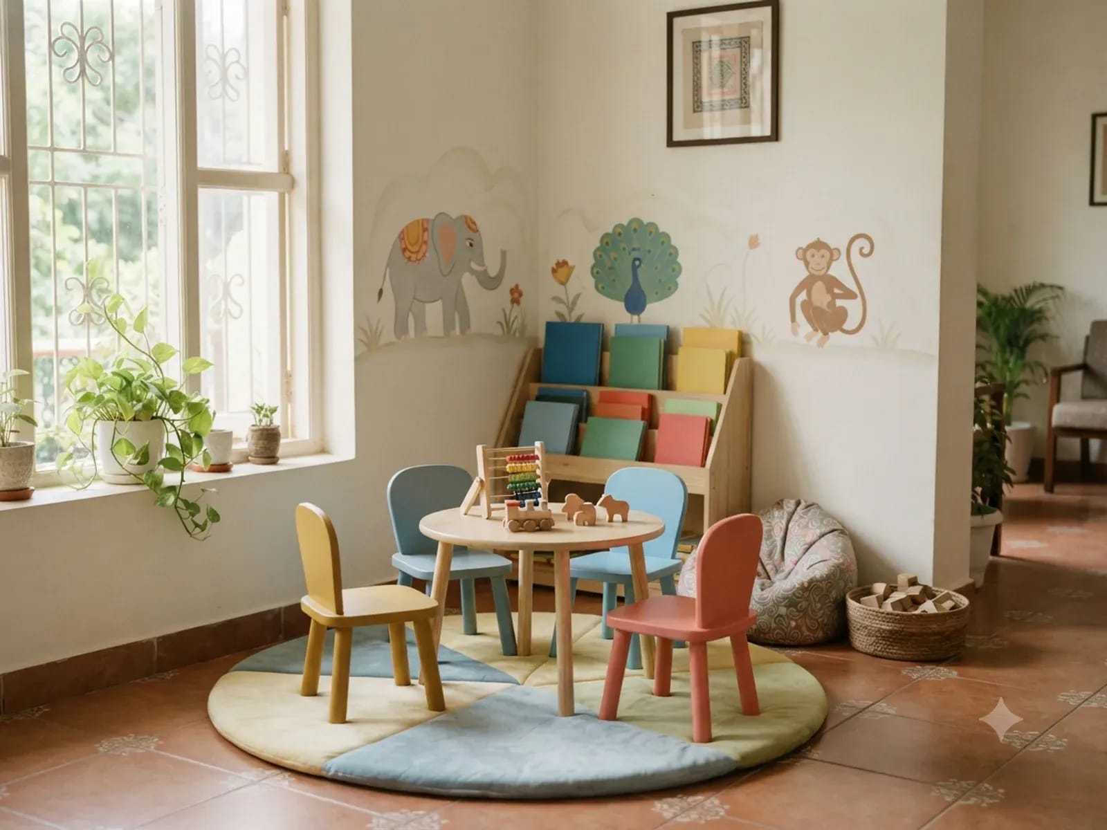 A children's corner in a clinic waiting area with small chairs, picture books and wooden toys