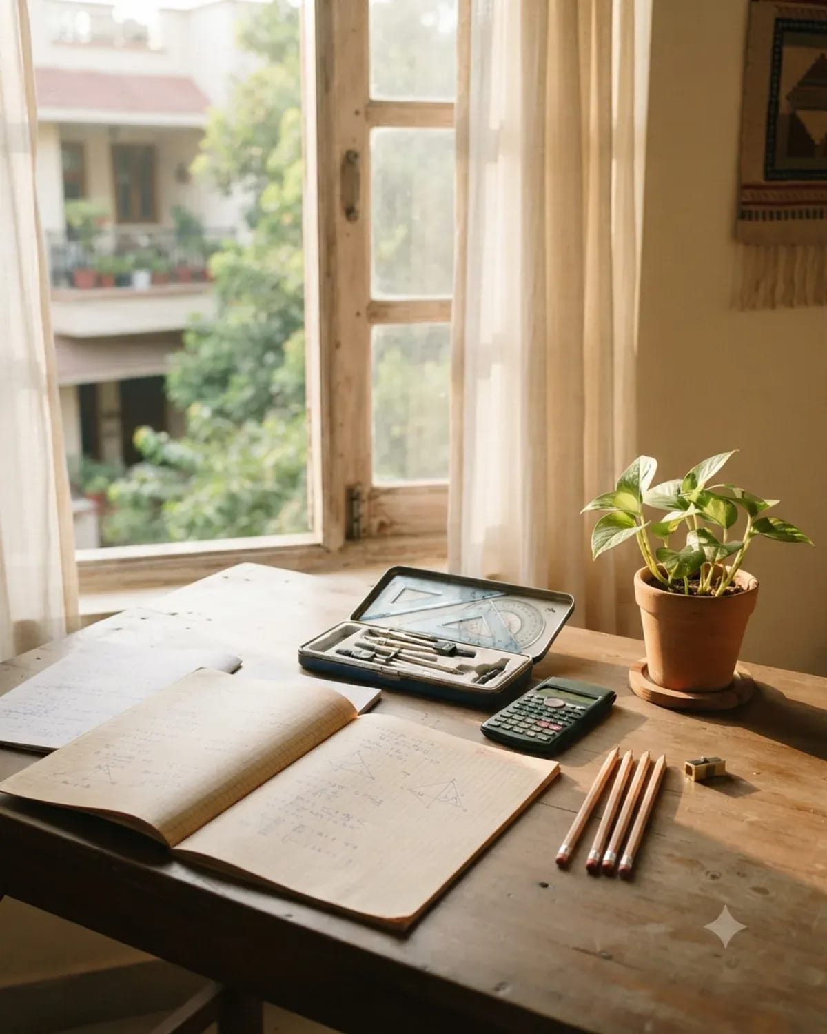 A study desk with open maths notebooks, a geometry box, pencils and a calculator