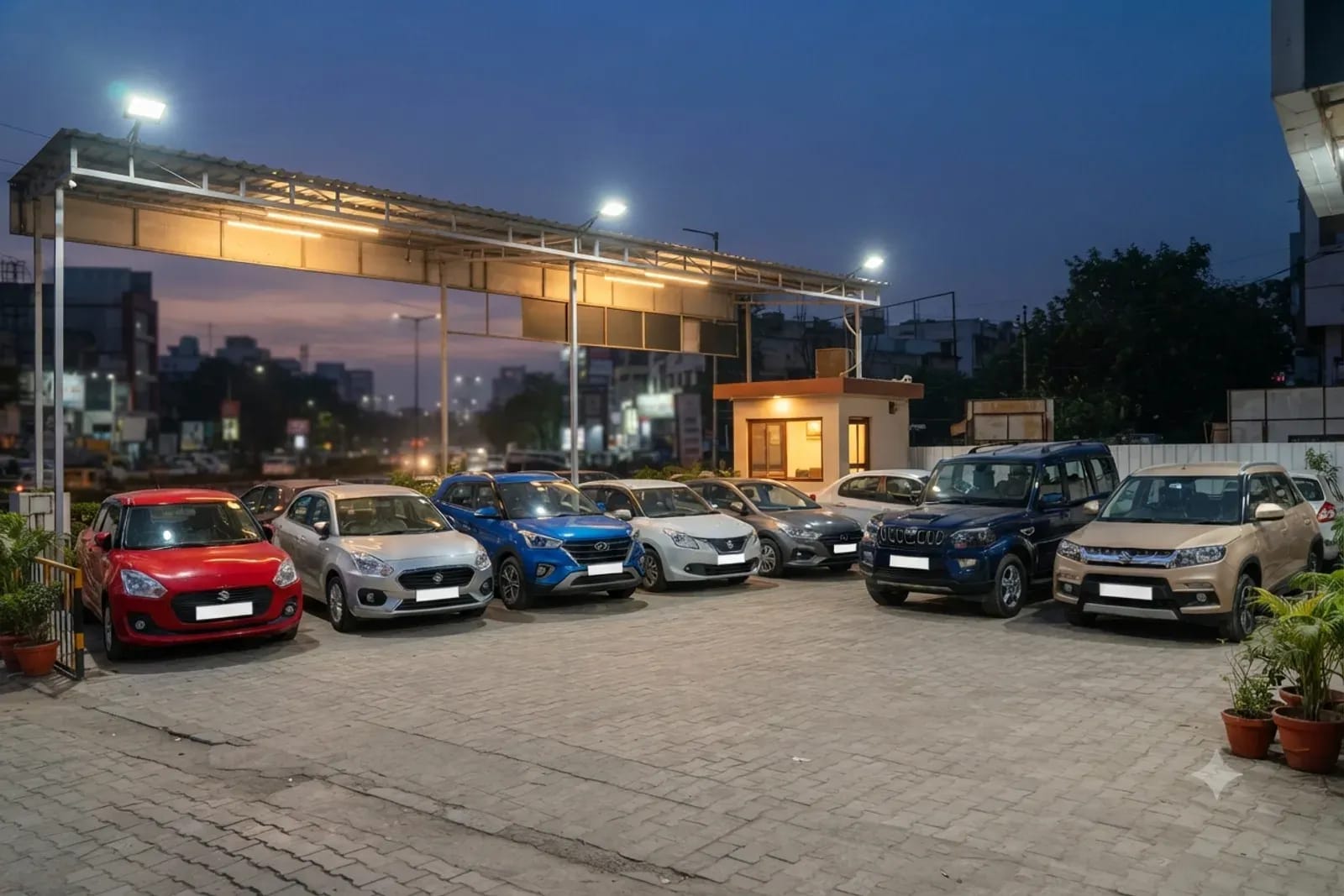 A row of clean used cars parked on a dealership forecourt in the evening