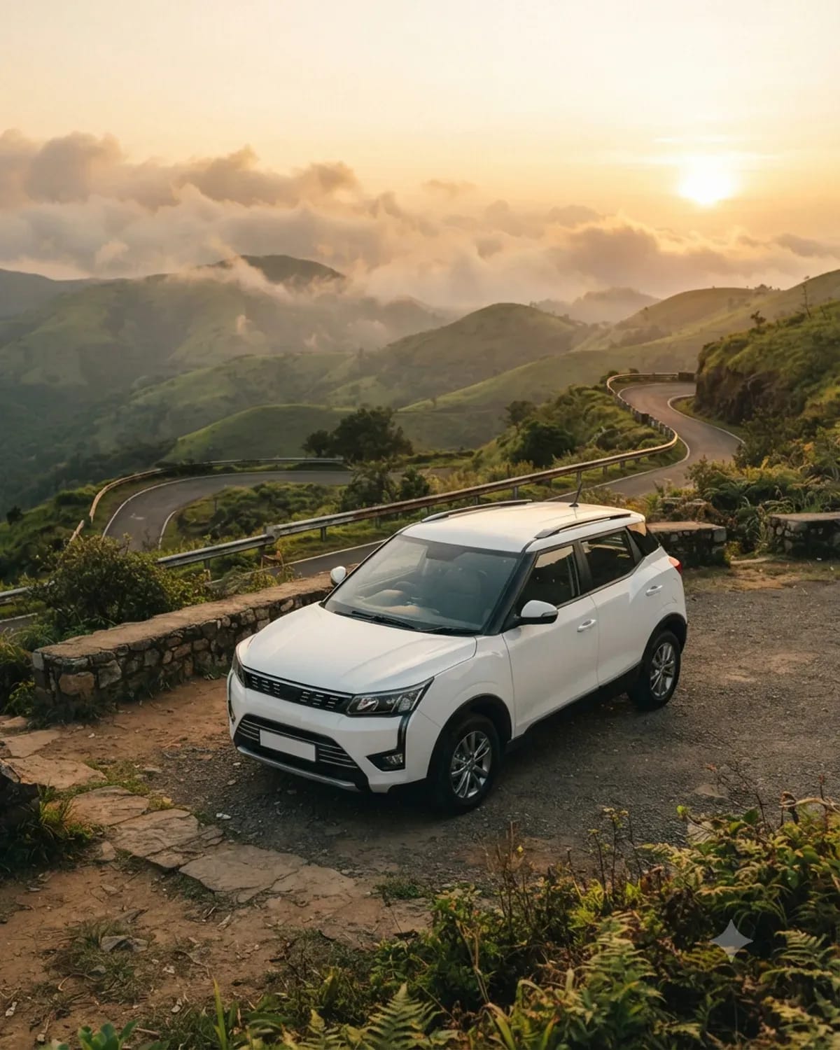 A white SUV parked at a viewpoint on a winding hill road at golden hour
