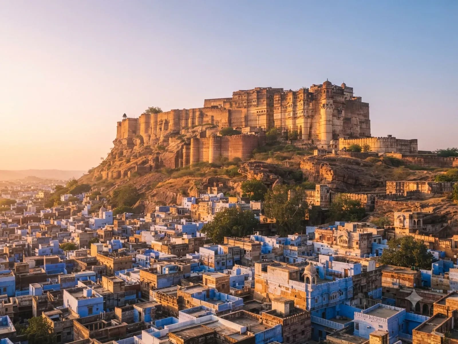 A sandstone hill fort above a town of blue houses at sunrise
