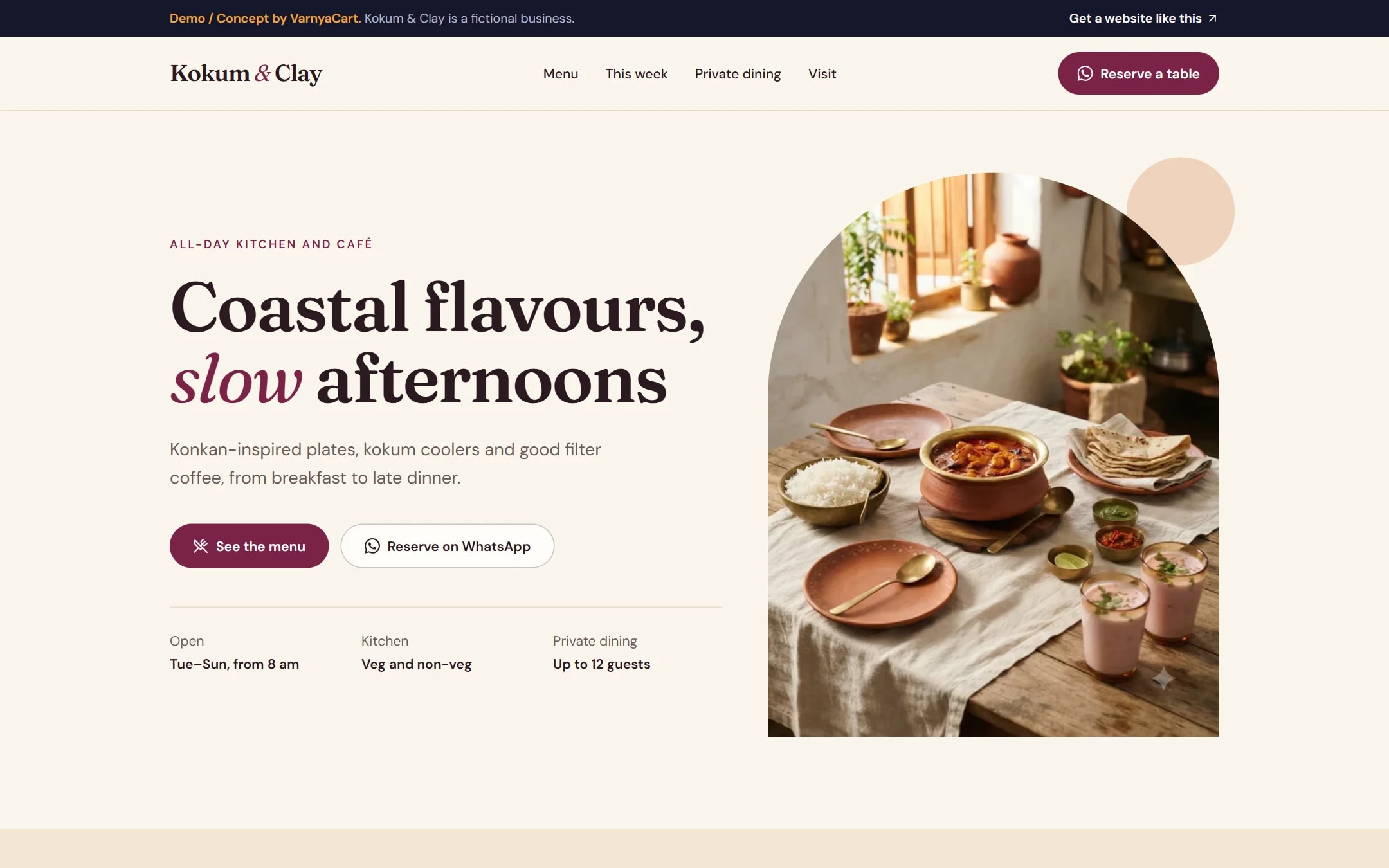 The Kokum & Clay demo website on a desktop screen