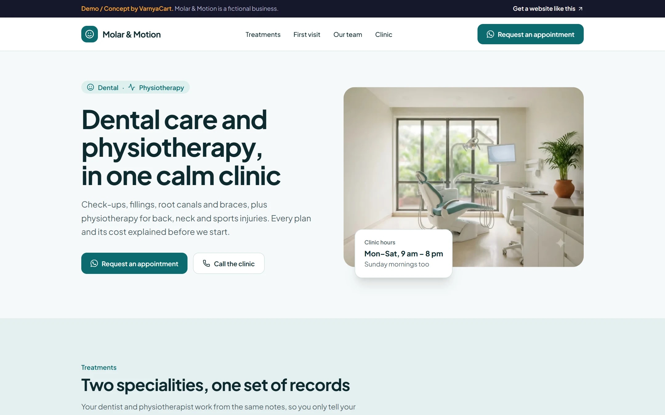 The Molar & Motion demo website on a desktop screen