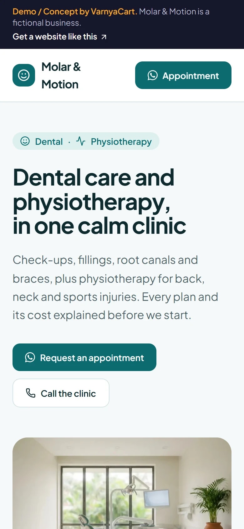 The Molar & Motion demo website on a phone