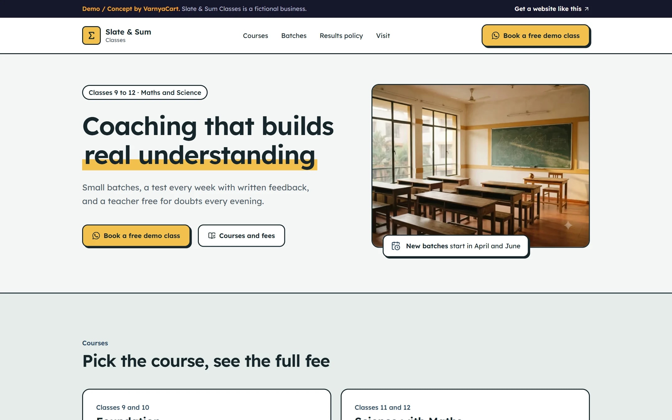 The Slate & Sum Classes demo website on a desktop screen