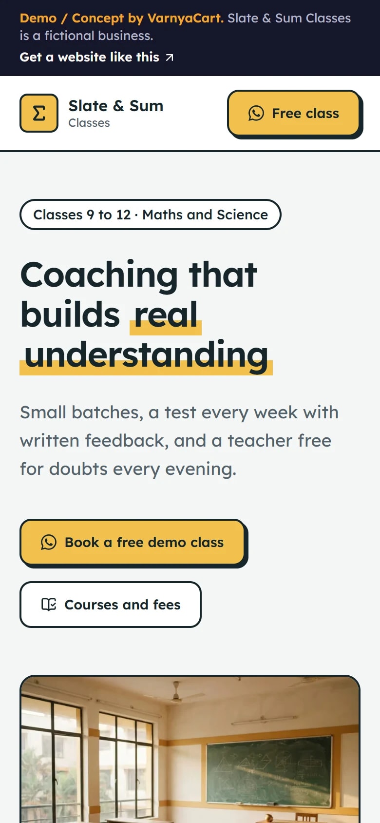 The Slate & Sum Classes demo website on a phone
