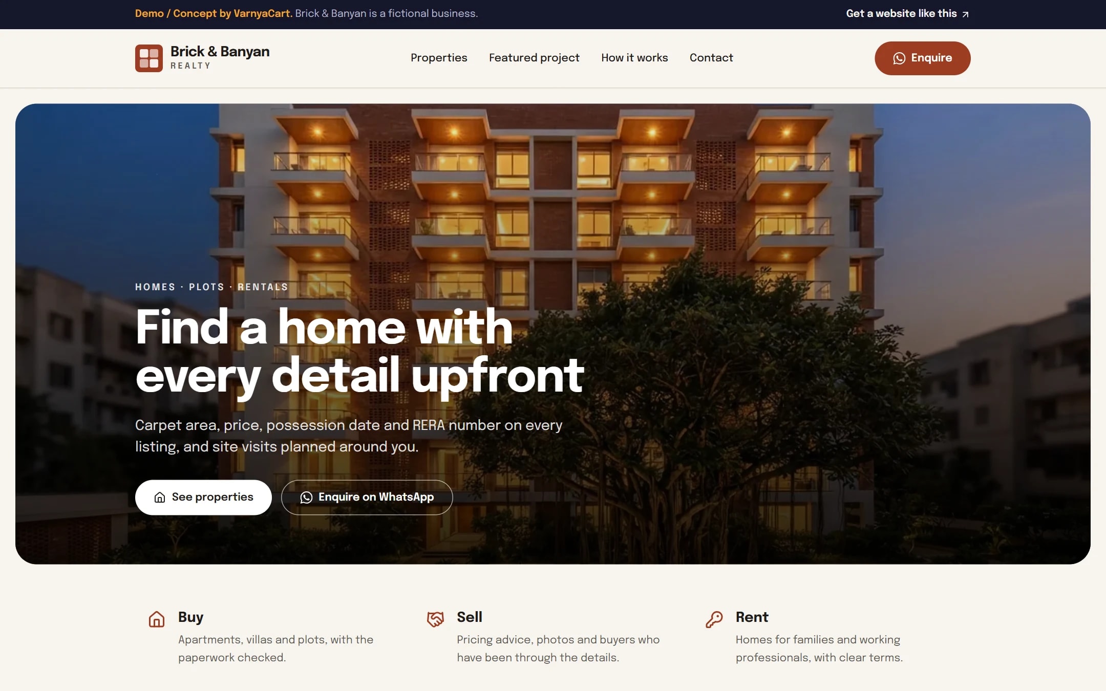 The Brick & Banyan demo website on a desktop screen