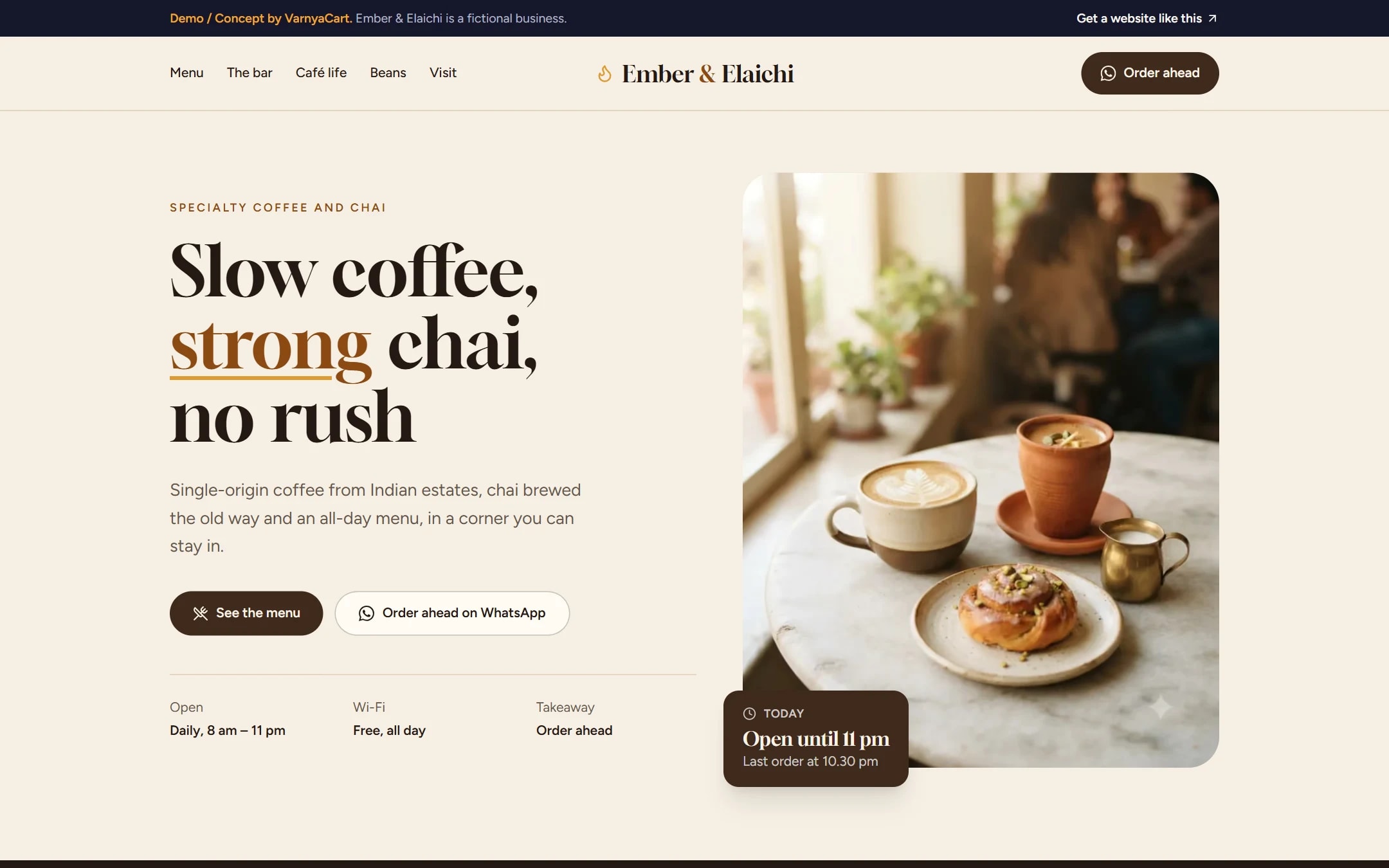 The Ember & Elaichi demo website on a desktop screen