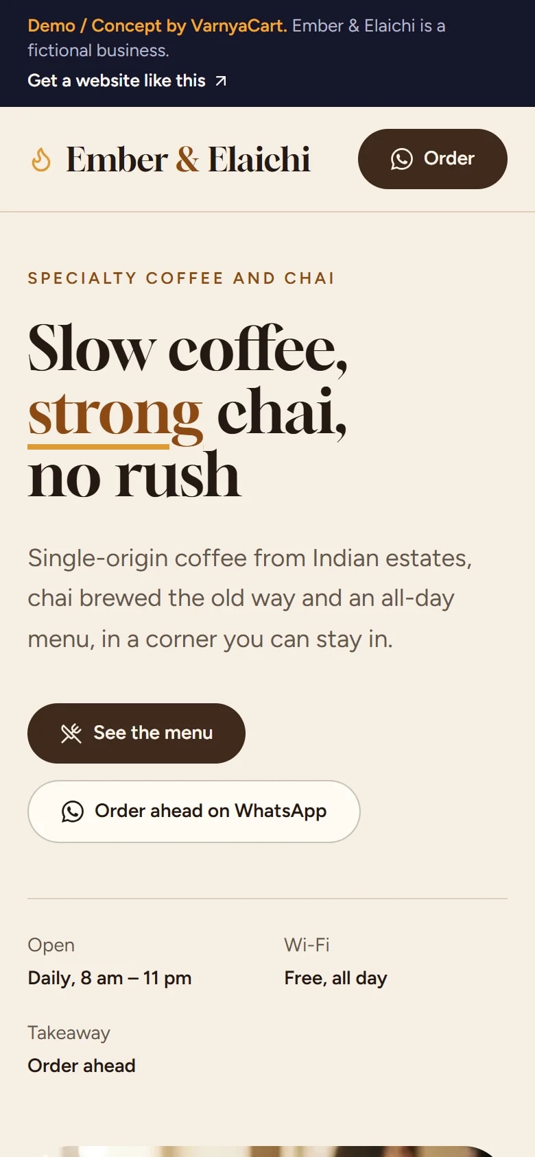 The Ember & Elaichi demo website on a phone