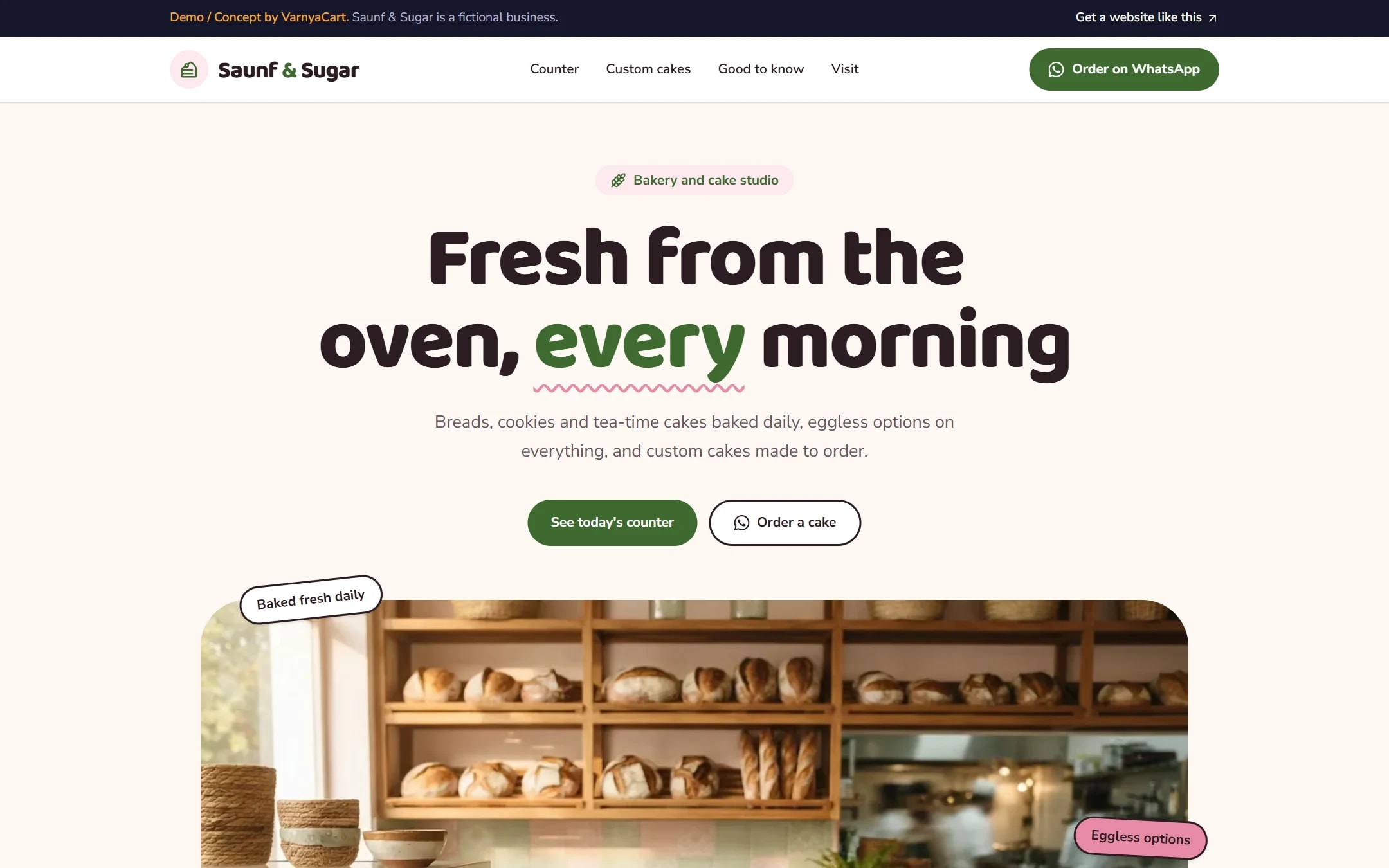 The Saunf & Sugar demo website on a desktop screen