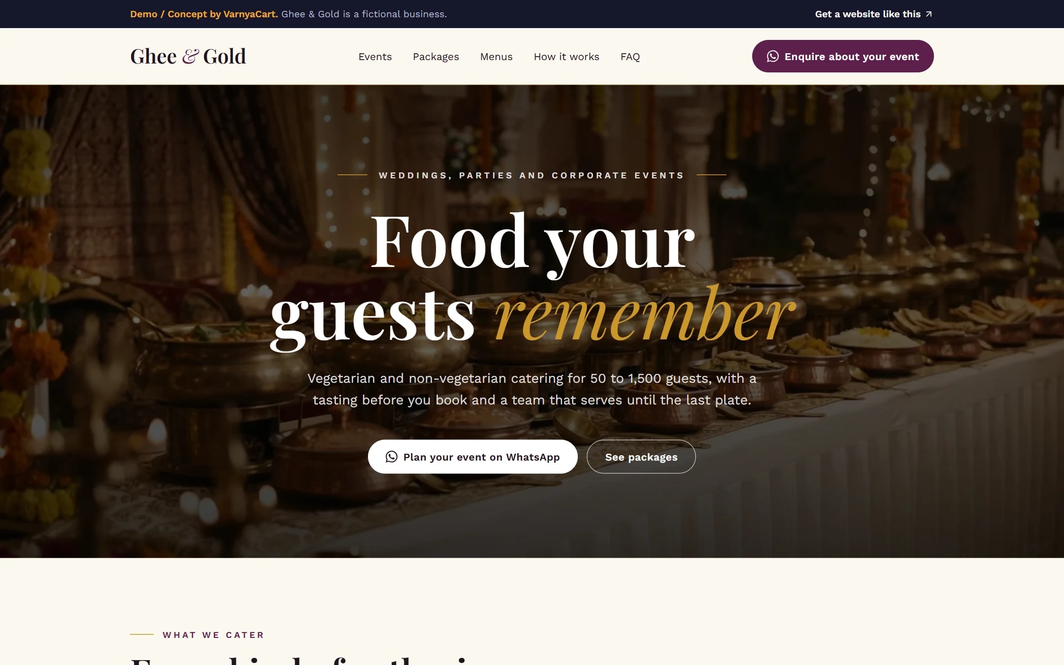 The Ghee & Gold demo website on a desktop screen