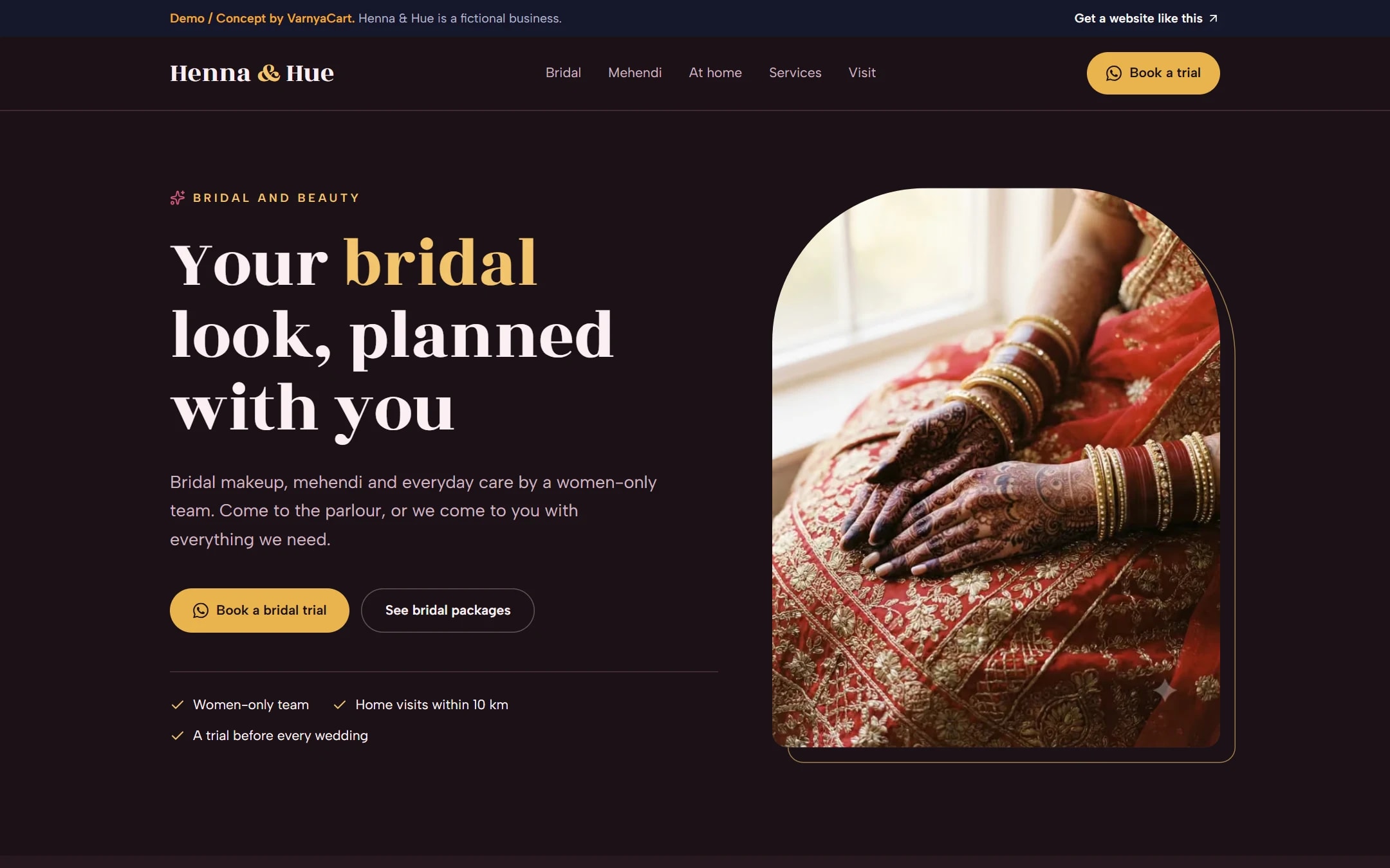 The Henna & Hue demo website on a desktop screen