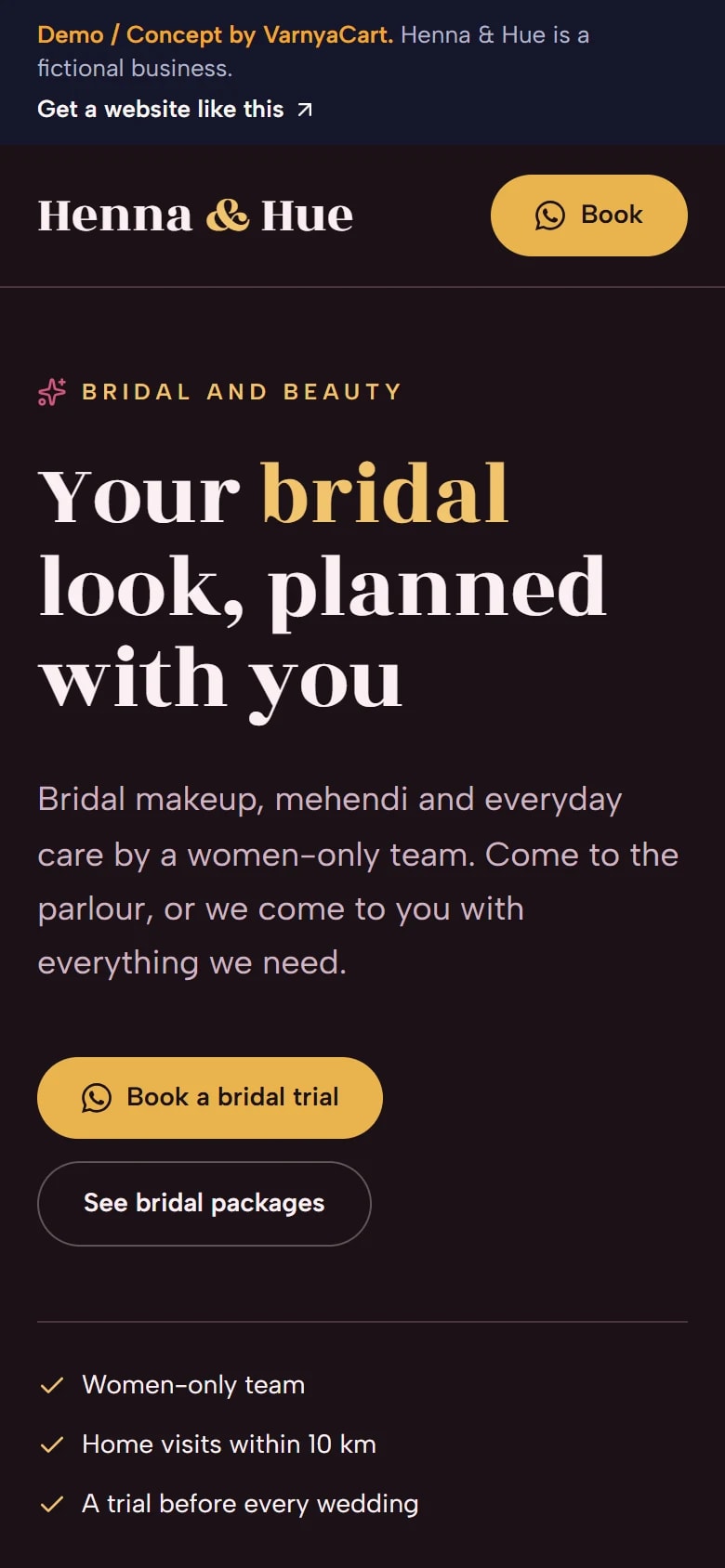 The Henna & Hue demo website on a phone