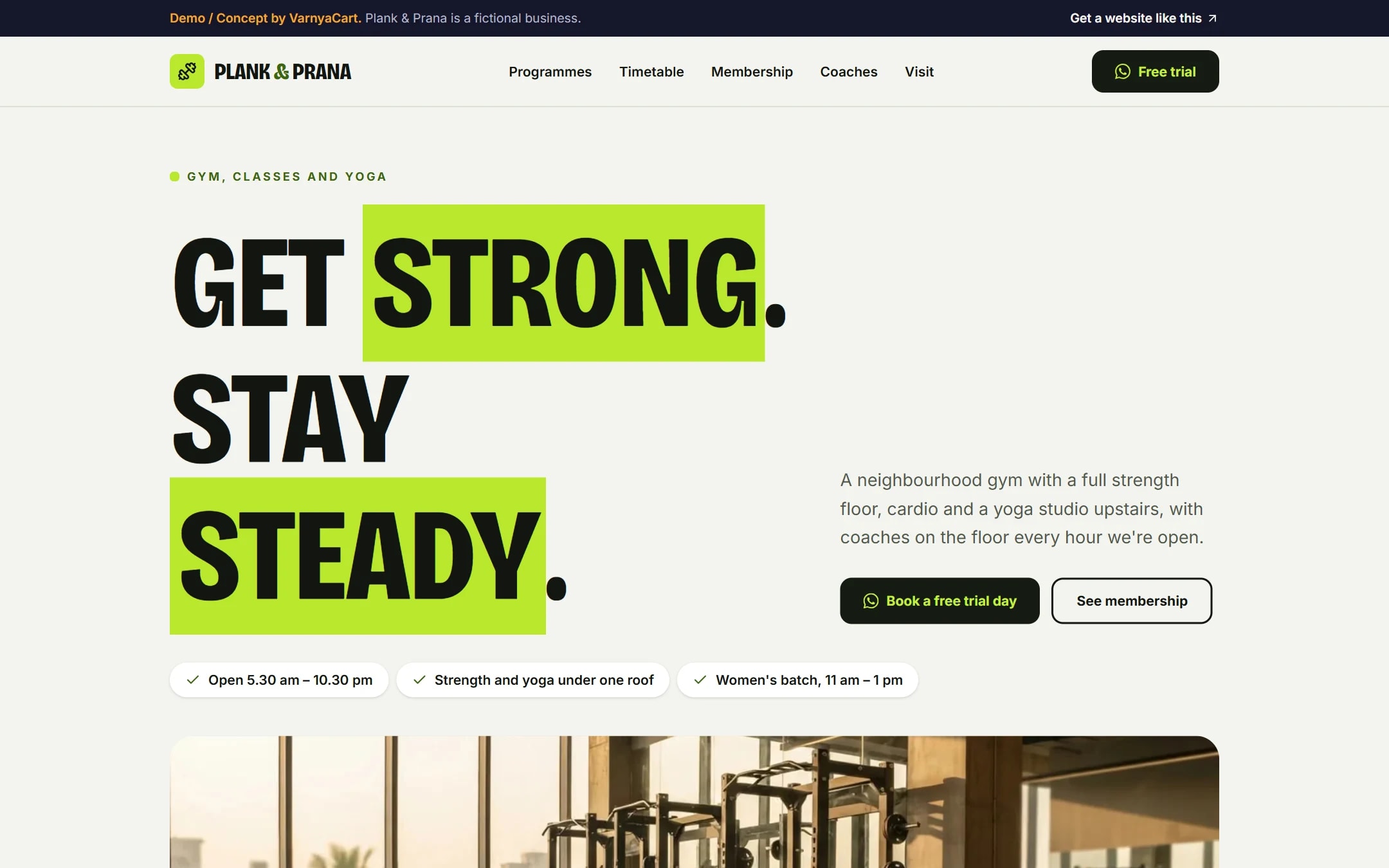 The Plank & Prana demo website on a desktop screen