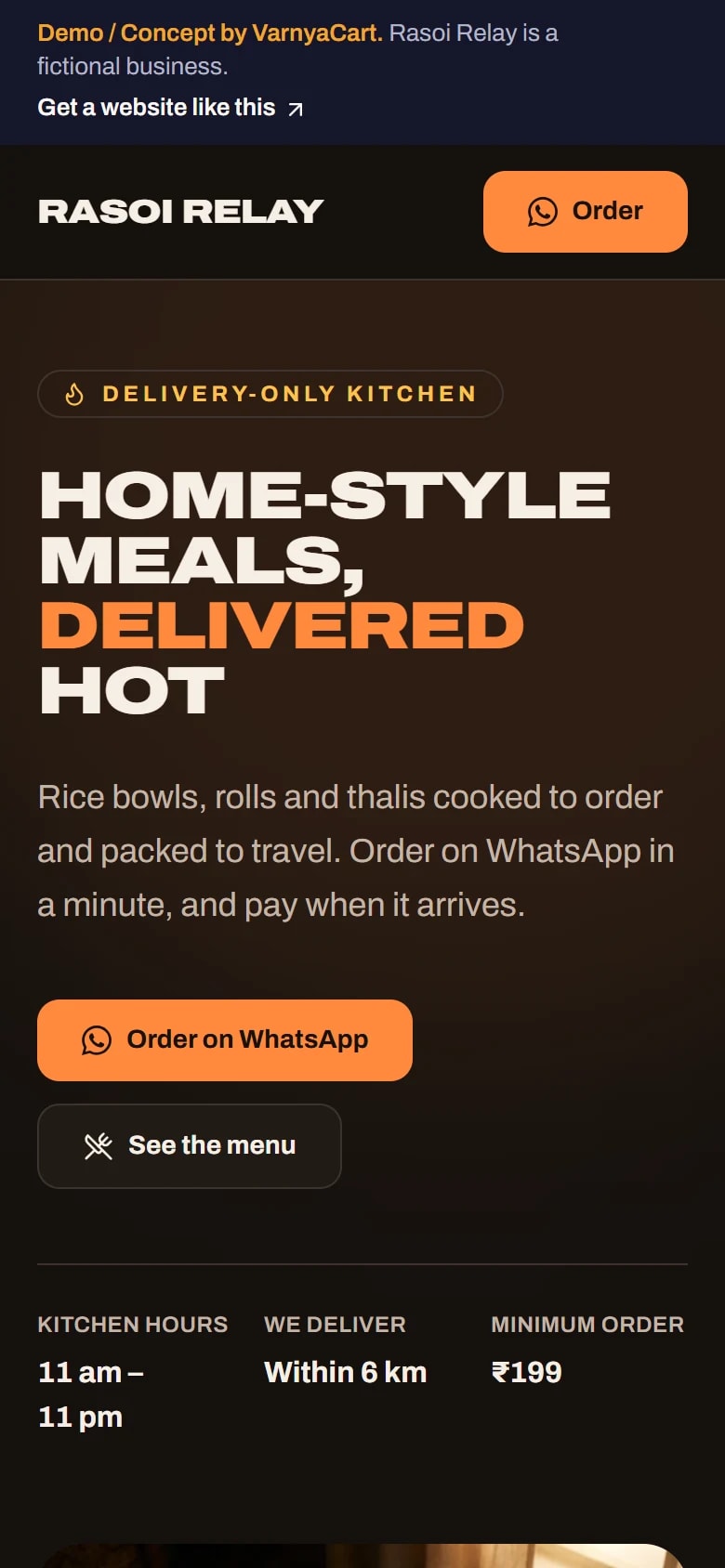 The Rasoi Relay demo website on a phone