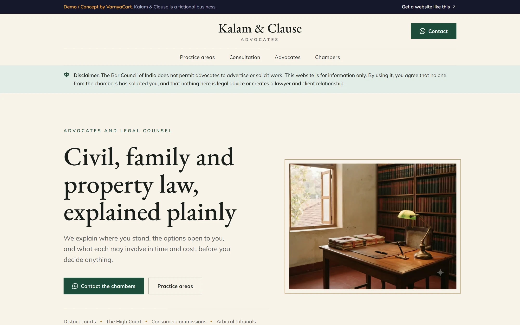 The Kalam & Clause demo website on a desktop screen