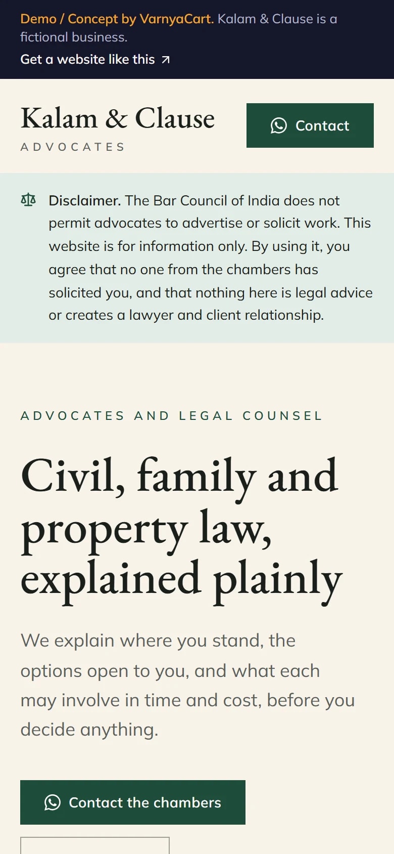 The Kalam & Clause demo website on a phone