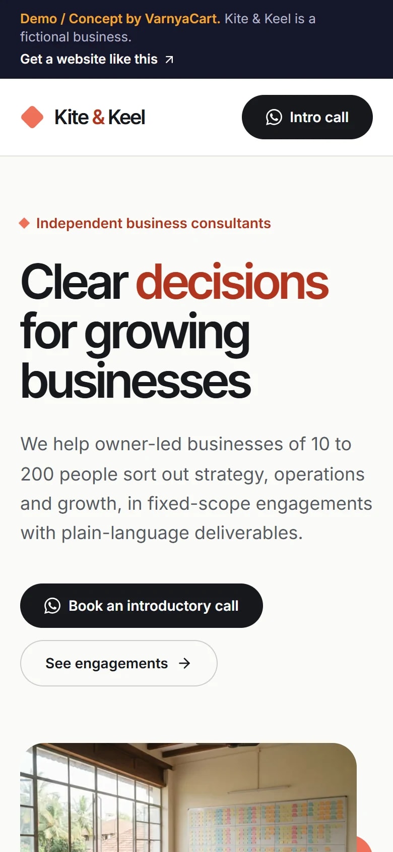 The Kite & Keel demo website on a phone